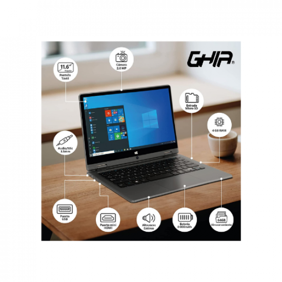Laptop touch 2 en 1 Ghia ShiftPro Intel N4000 4GB 64GB W10P 